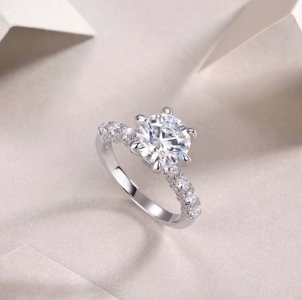 Jo Elegant 6-Prong Round Moissanite Engagement Ring with Pave Band in S925 Sterl